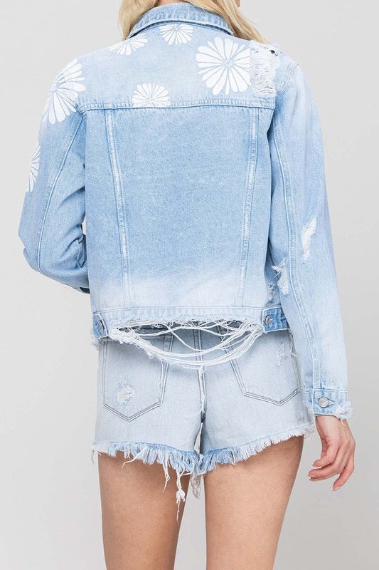 CLASSIC CROP DENIM JACKET W FLOWER LASER PRINT