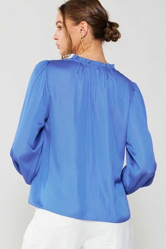 AZURE BLUE LONG-SLEEVE W/SELF-TIE BLOUSE