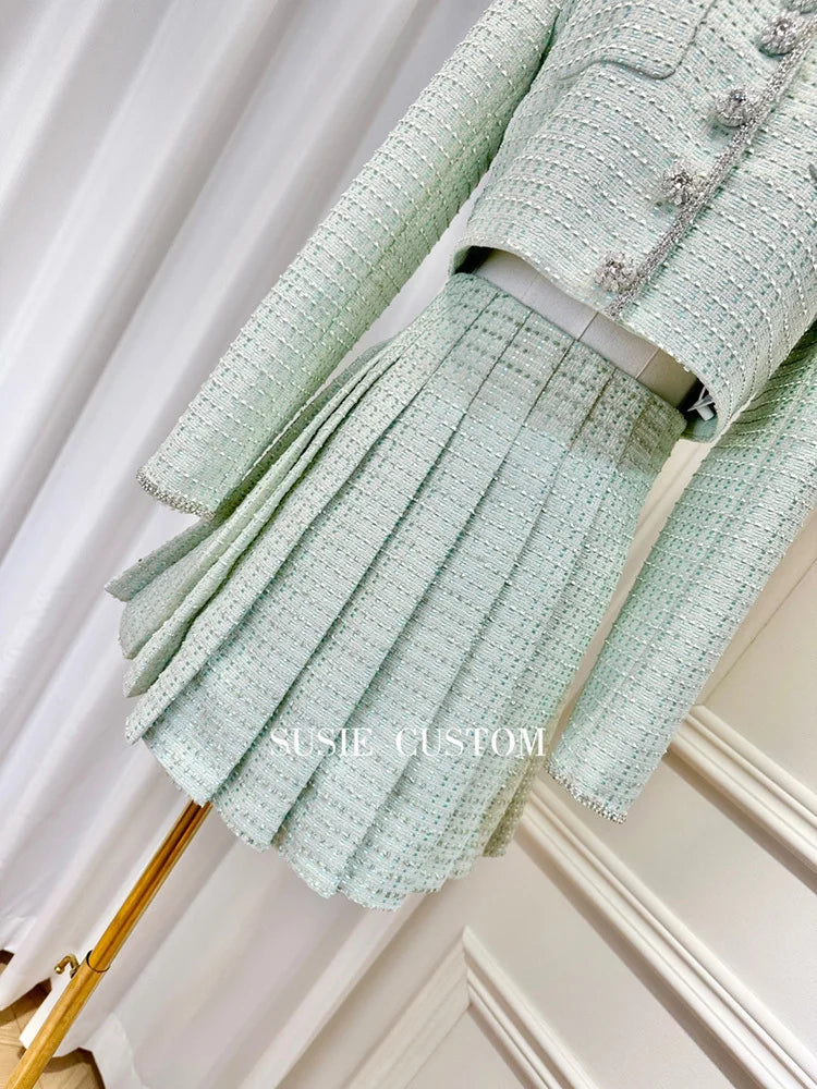 DEAT 2024 Autumn Women Tweed 2 Piece Sets Long Sleeve Single Breasted Jacket Pleated High Waist Skirts Female Suits New 15KB6245