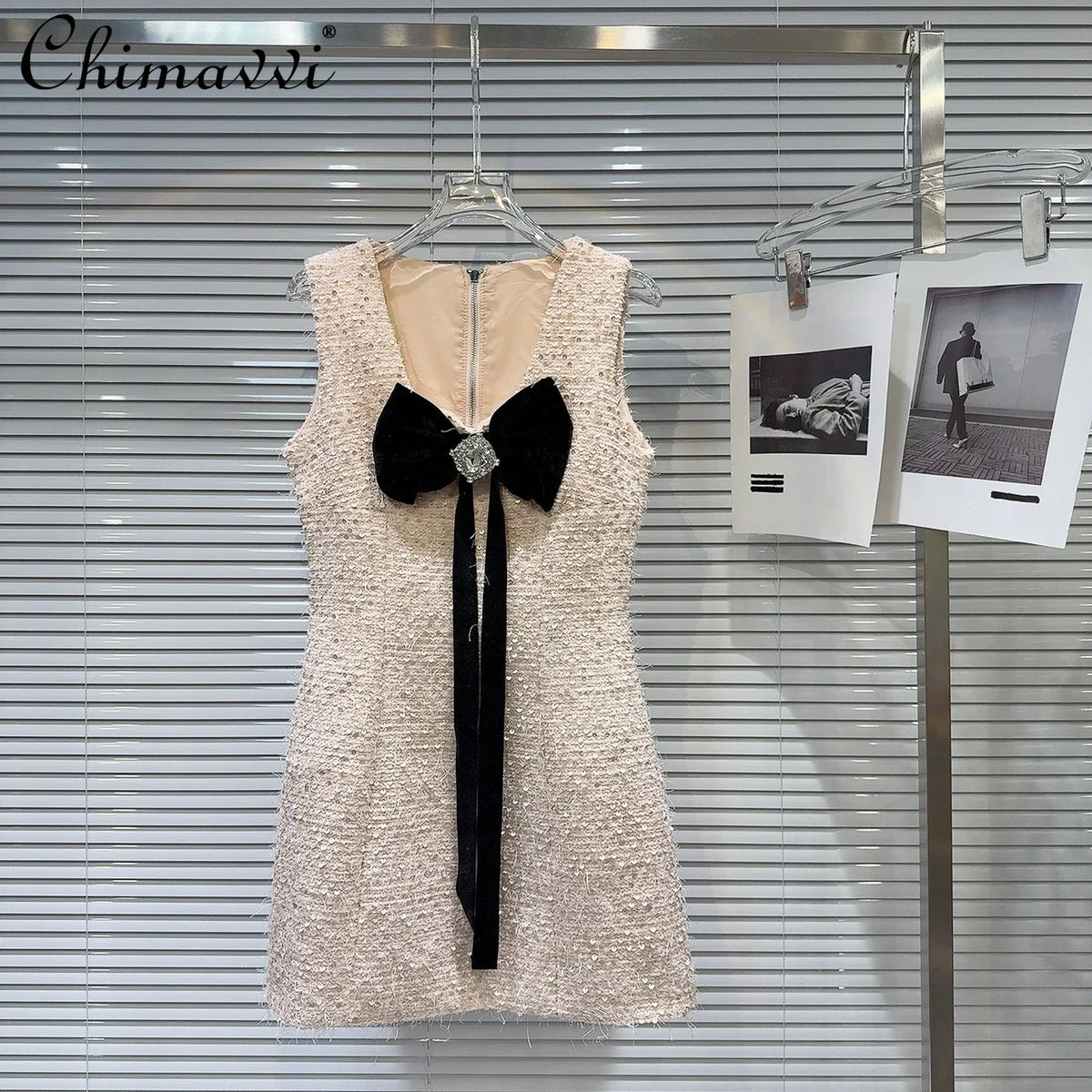 2024 Autumn and Winter New French Fashion Velvet Bow Beads Tweed Vest Dress Slim-fit Temperament Party Short Dresses Women