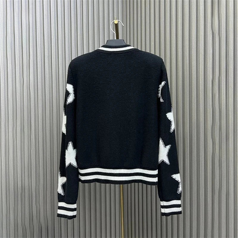 2023 Spring New Color Blocked Shoulder Padded Long Sleeve Knitted Cardigan Women's High Quality Embroidered ZipperKnitted Jacket