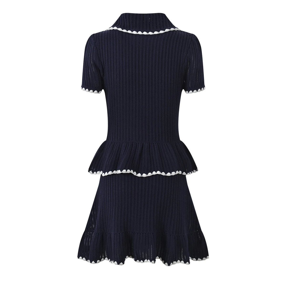 ZJYT Designer Summer Women's One Piece Knitting Dresses Elegant Ruffles Patchwork Short Sleeve Mini Blue Dress Female Vestidos