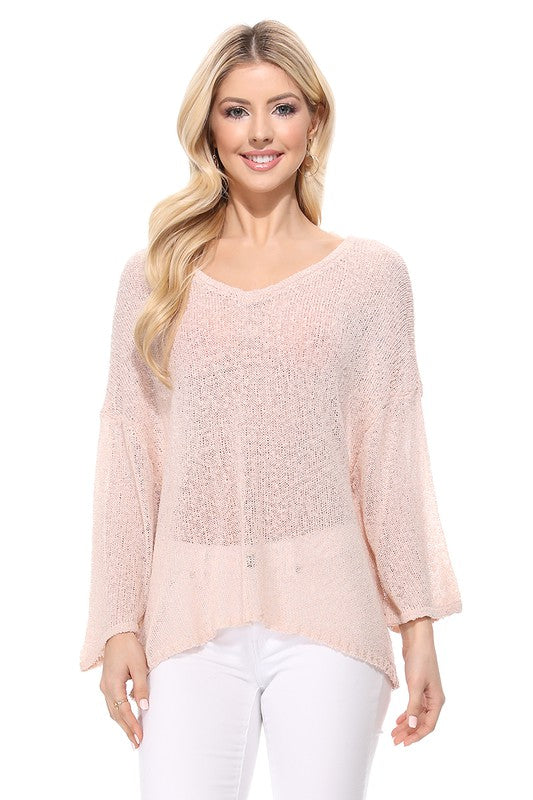 Open Back Sheer Batwing Sleeve Stretch Knit Top