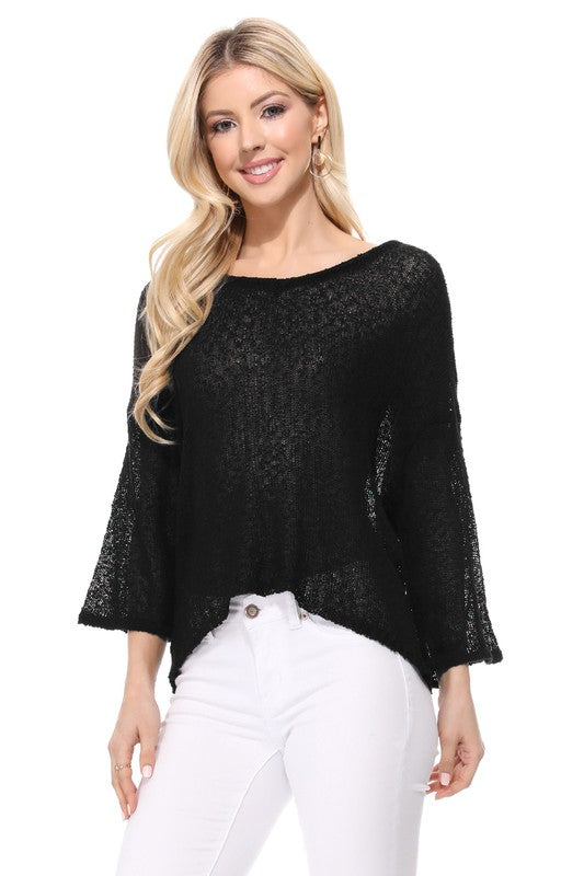 Open Back Sheer Batwing Sleeve Stretch Knit Top