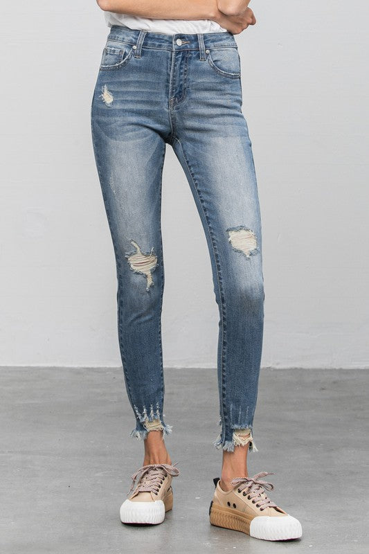 Distressed Raw Hem Skinny Jeans