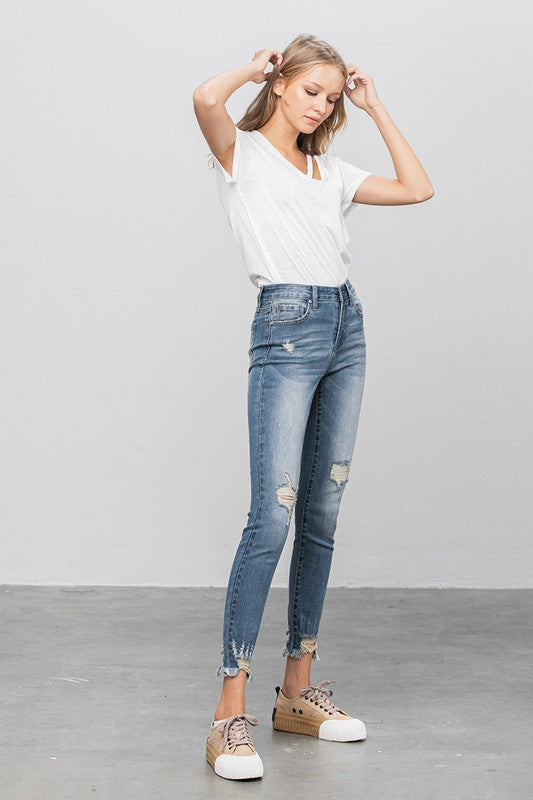 Distressed Raw Hem Skinny Jeans