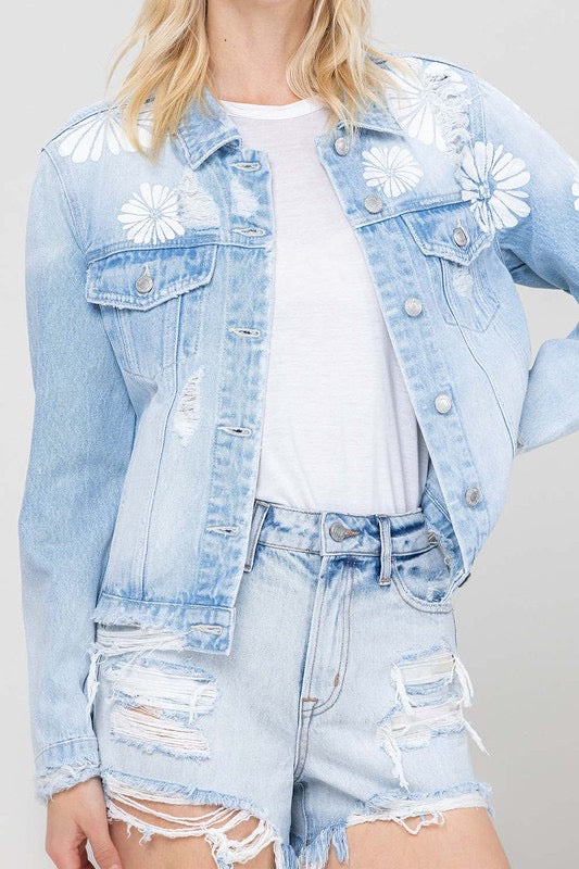 CLASSIC CROP DENIM JACKET W FLOWER LASER PRINT