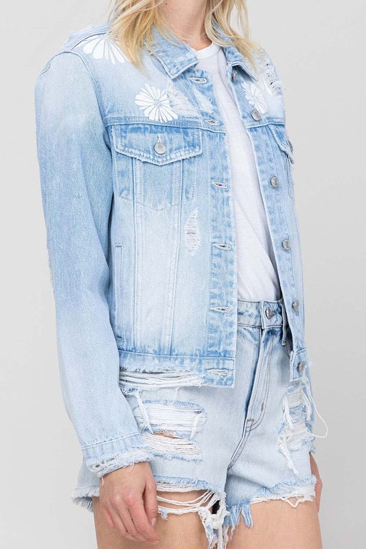 CLASSIC CROP DENIM JACKET W FLOWER LASER PRINT