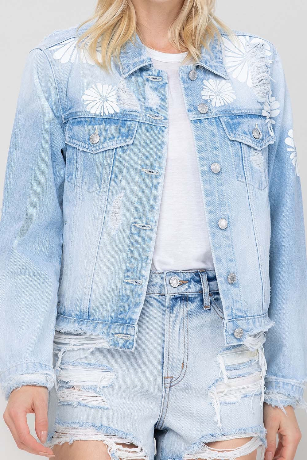 CLASSIC CROP DENIM JACKET W FLOWER LASER PRINT