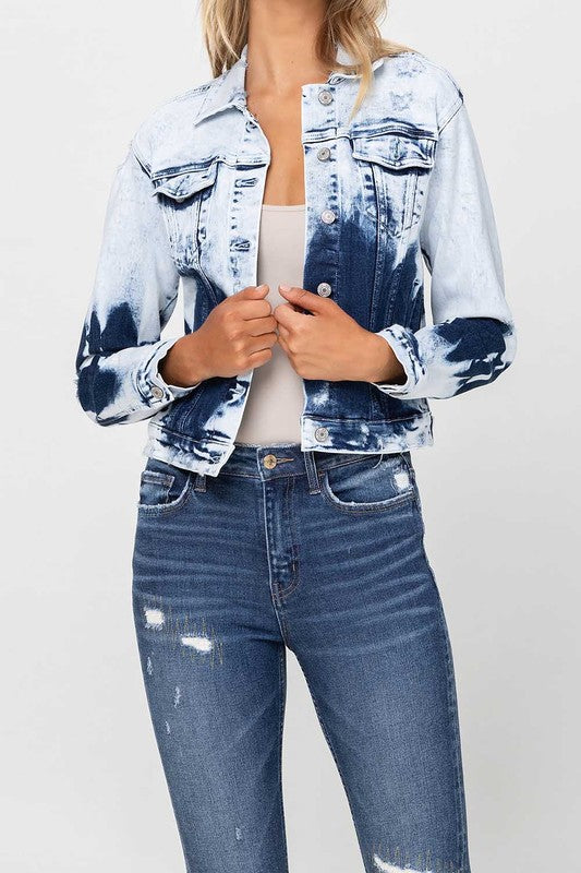 BLEACH TIE DYE CROPPED DENIM JACKET