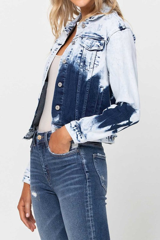 BLEACH TIE DYE CROPPED DENIM JACKET