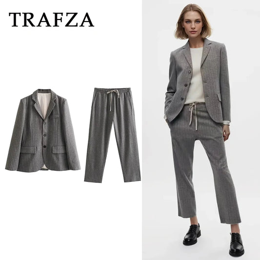 Grey Striped Suit Blazer &  Pants Set